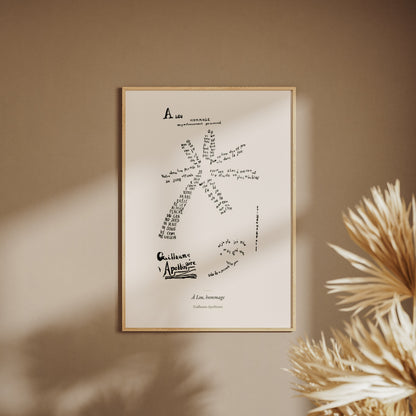À Lou, hommage - Apollinaire - Affiche Calligramme Étoile, affiche encadrée sur un mur beige, pampas au premier plan