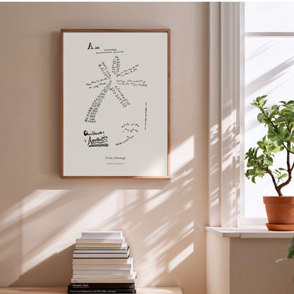 À Lou, hommage - Apollinaire - Affiche Calligramme Étoile, affiche encadrée au-dessus d'une pile de livres