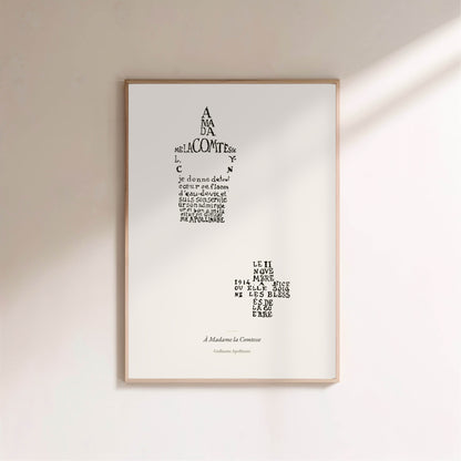 À Madame la Comtesse - Apollinaire - Affiche Calligramme Lou, affiche encadrée sur un mur clair