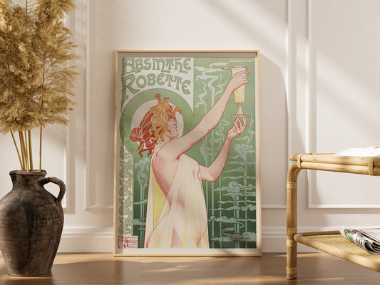 Absinthe Robette - Privat-Livemont - Affiche Art Nouveau, affiche encadrée dans un intérieur élégant, cadre bois clair