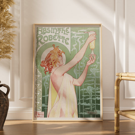 Absinthe Robette - Privat-Livemont, affiche encadrée dans un intérieur élégant, herbes séchées et chaise en rotin