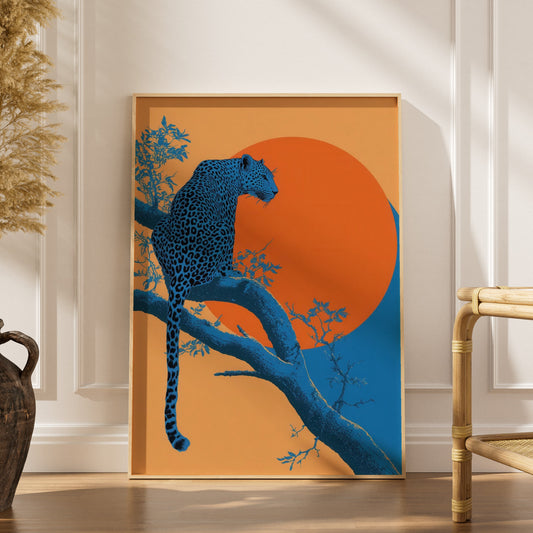 Burning Blue No. 2 | Poster Abstrait Dopamine Decor, affiche encadrée dans un intérieur élégant, herbes séchées et chaise en 
