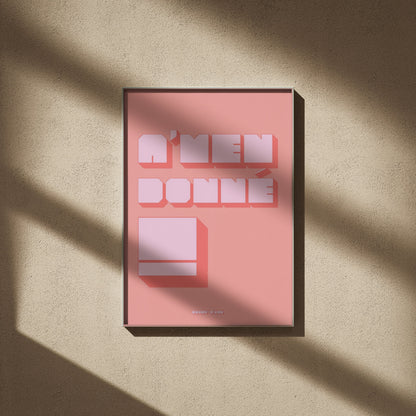 Affiche A'men donné, affiche encadrée sur un mur beige, ombres de fenêtre