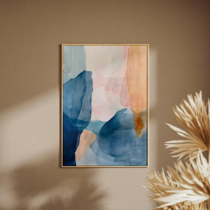 Affiche Abstract Watercolor, affiche encadrée sur un mur beige, pampas au premier plan