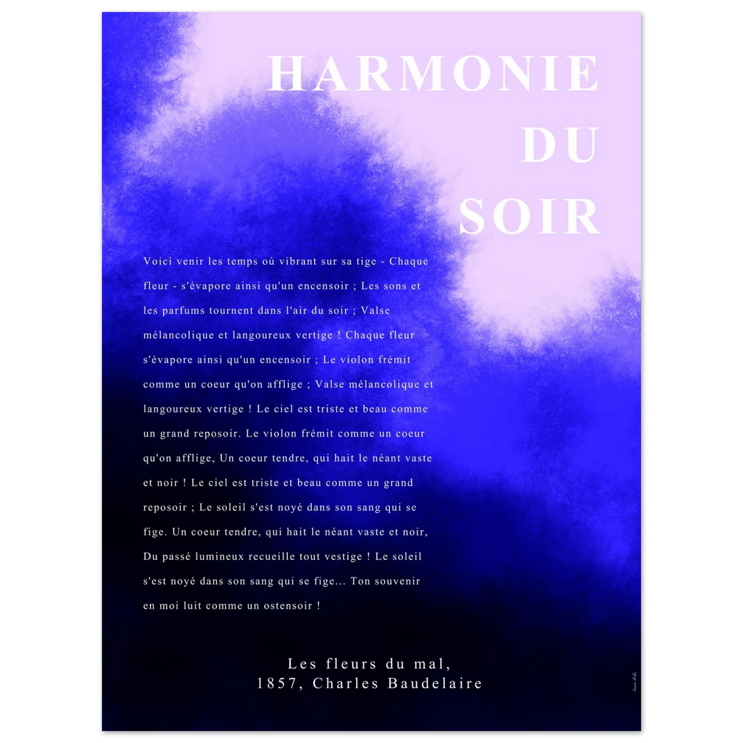Poème Harmonie du soir de Baudelaire sur fond vaporeux, violet et bleu, affiche typographique poétique.