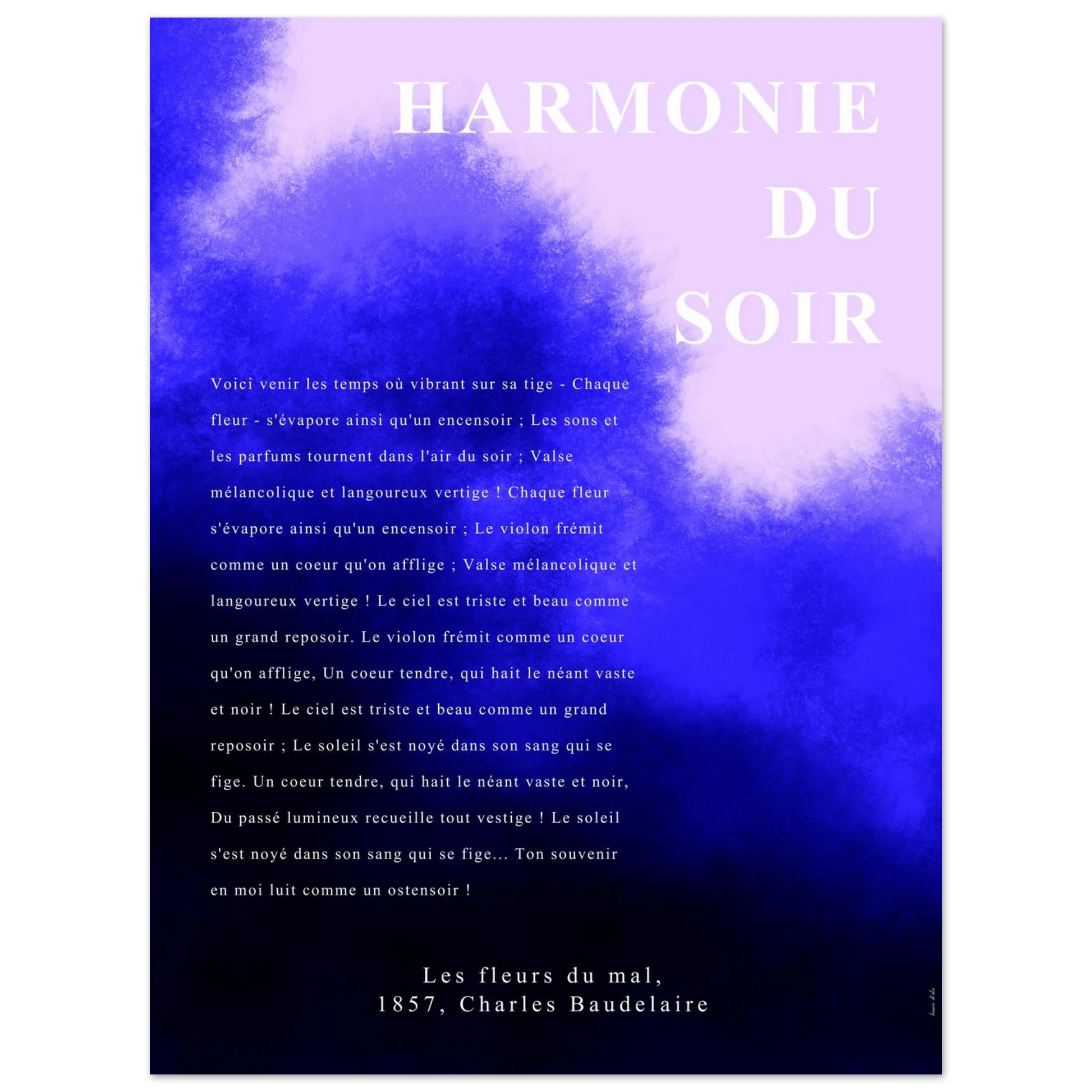 Poème Harmonie du soir de Baudelaire sur fond vaporeux, violet et bleu, affiche typographique poétique.
