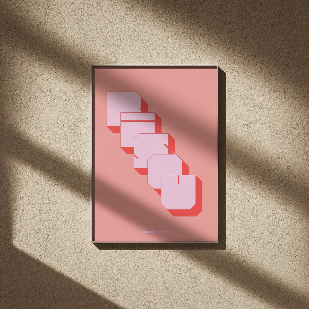 Kiss Poster, framed poster on a beige wall, window shadows