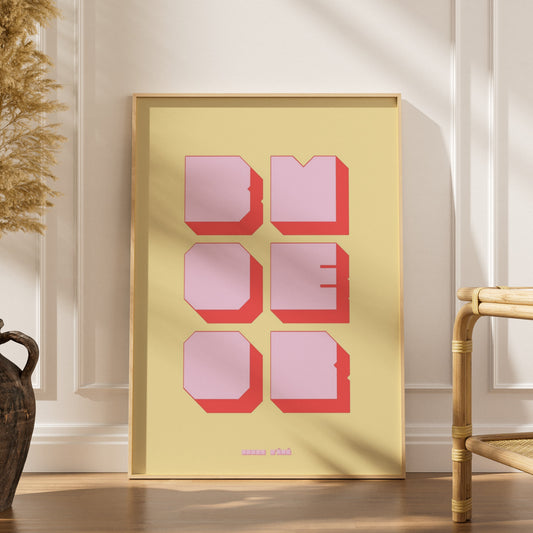 Affiche graphique Boomer, affiche encadrée dans un intérieur élégant, herbes séchées et chaise en rotin