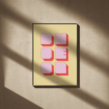 Affiche graphique Boomer, affiche encadrée sur un mur beige, ombres de fenêtre