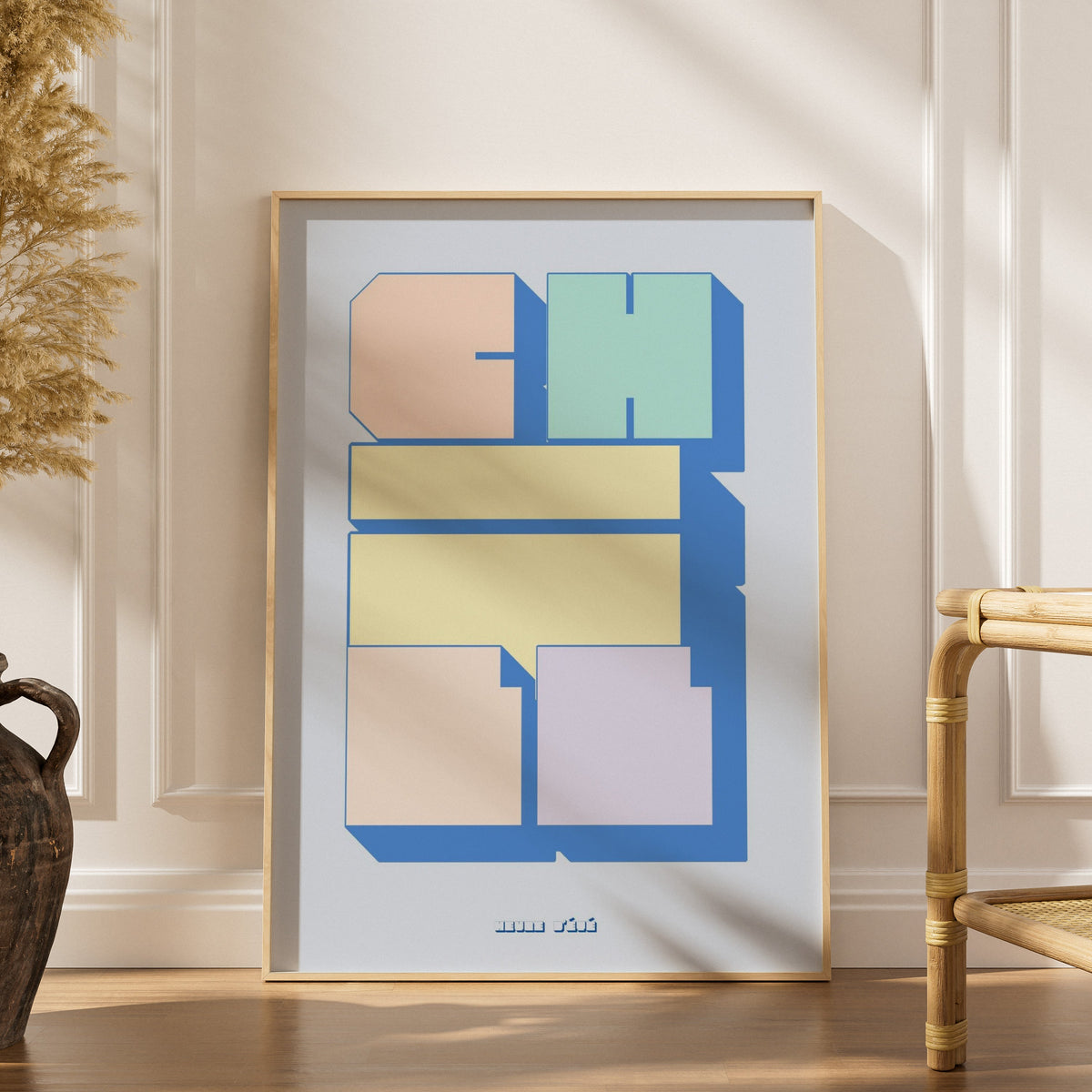 Chill Poster, framed poster in an elegant interior, dried grasses and a rattan chair