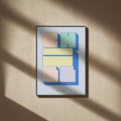 Chill Poster, framed poster on a beige wall, window shadows