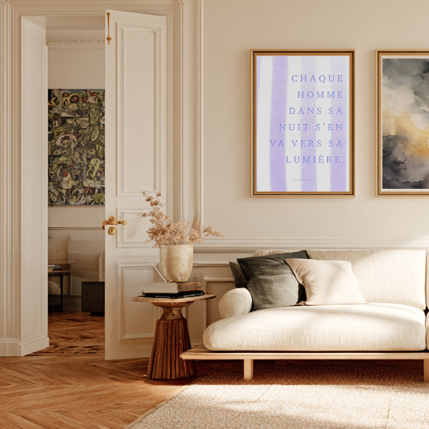 Affiche citation "Chaque homme dans sa nuit s’en va vers sa lumière" en situation