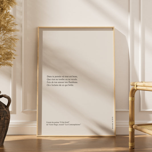 "Il fait froid" - Victor Hugo | Poster Citation, affiche encadrée dans un intérieur élégant, herbes séchées et chaise en roti