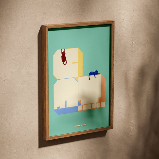 Affiche lettrage Cat Person, affiche dans un cadre en chêne posé de biais sur un mur texturé
