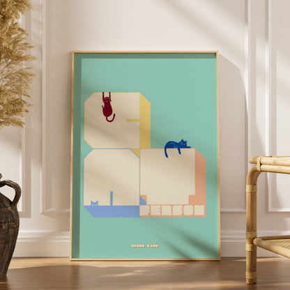 Cat Person lettering poster, framed poster in an elegant interior, dried grasses and a rattan chair