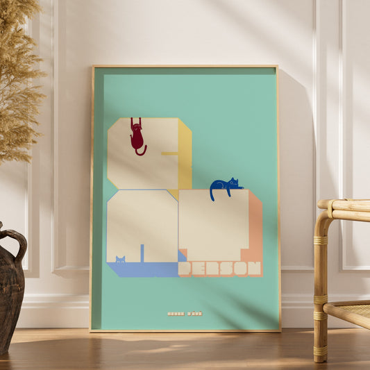 Affiche lettrage Cat Person, affiche encadrée dans un intérieur élégant, herbes séchées et chaise en rotin