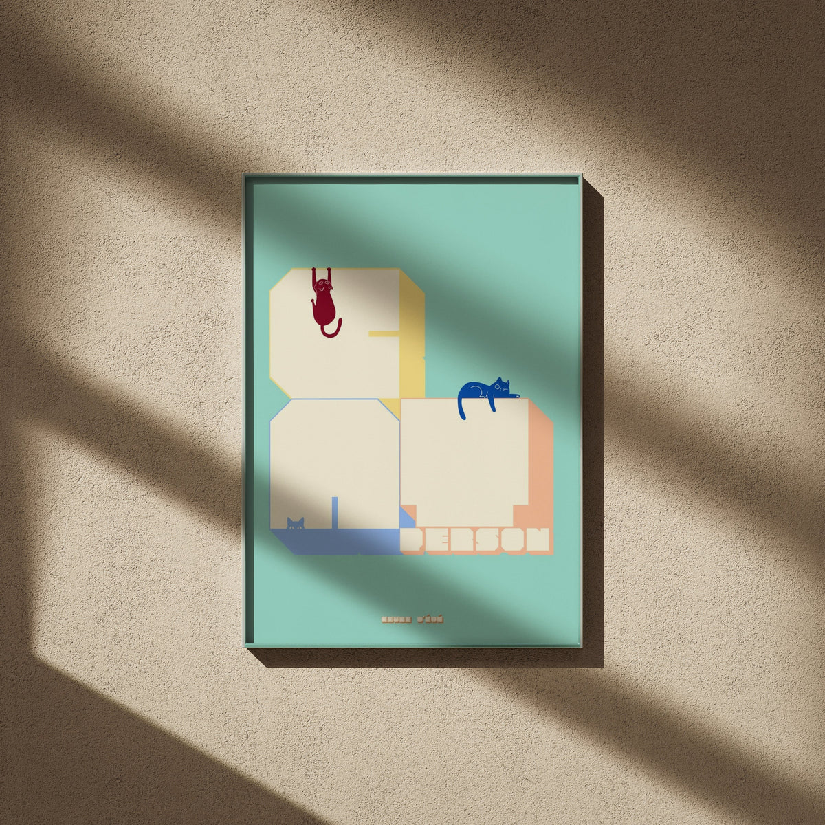 Cat Person lettering poster, framed poster on a beige wall, window shadows