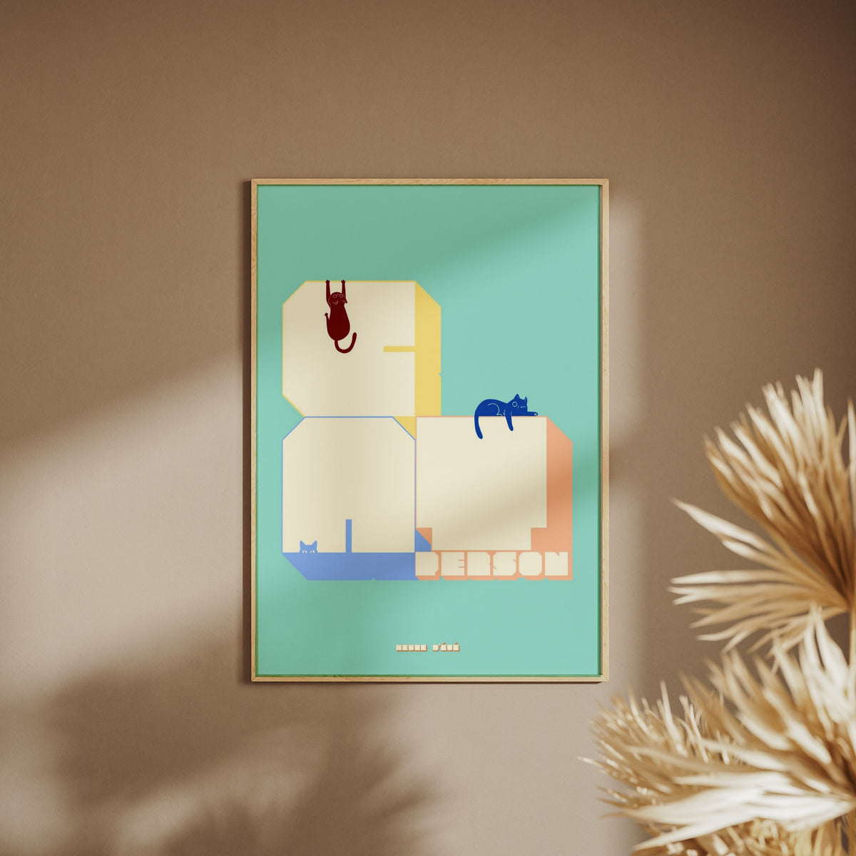 Cat Person lettering poster, framed poster on a beige wall, pampas grass in the foreground