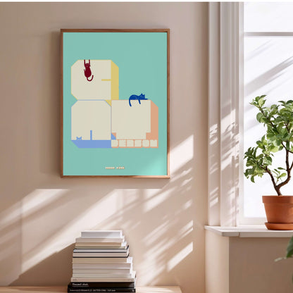 Cat Person lettering poster, framed poster above a stack of books