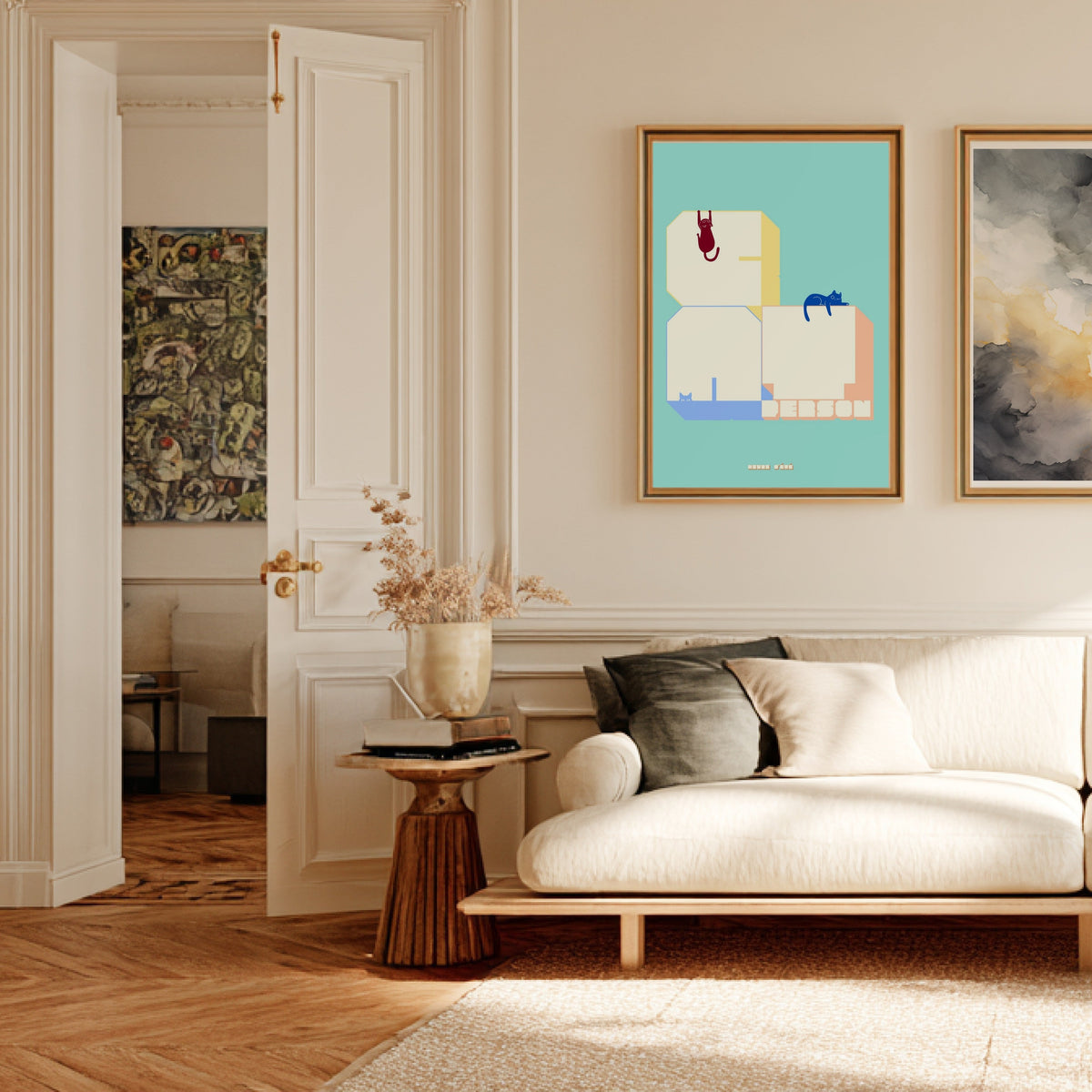 Cat Person lettering poster, framed poster in a Parisian Haussmann living room
