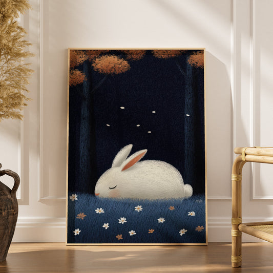 Affiche enfant - Lapin blanc endormi, affiche encadrée dans un intérieur élégant, herbes séchées et chaise en rotin