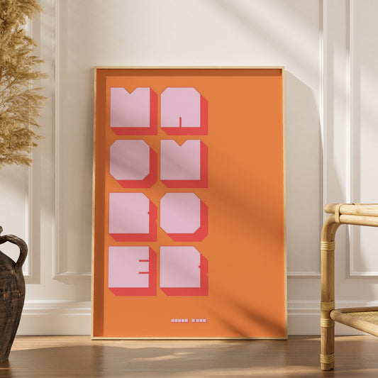Affiche graphique More Amor, affiche encadrée dans un intérieur élégant, herbes séchées et chaise en rotin
