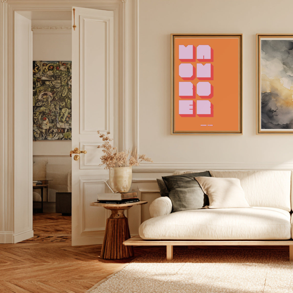 Affiche graphique More Amor, affiche encadrée dans un salon haussmannien