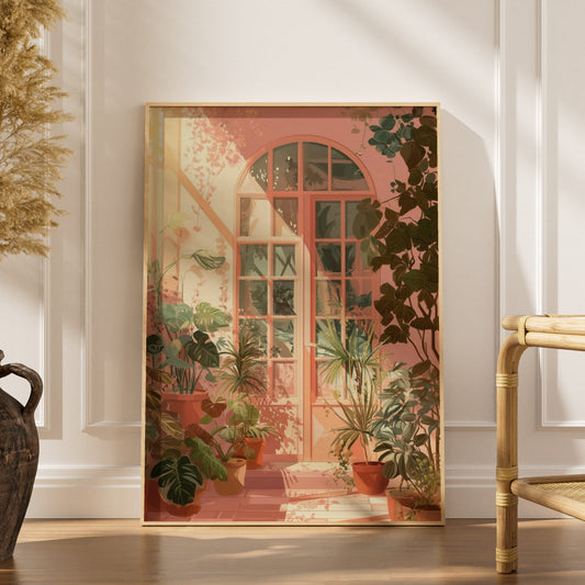 La porte du jardin | Poster Jardin, affiche encadrée dans un intérieur élégant, herbes séchées et chaise en rotin