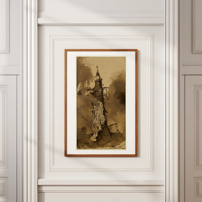 Victor Hugo's Eddystone Lighthouse poster, framed on a white paneled wall, wooden frame