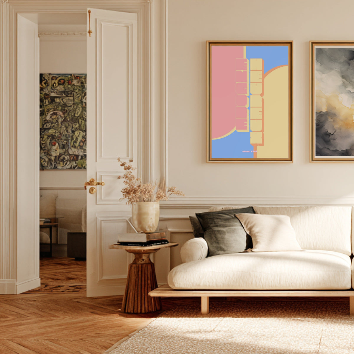 Poster lettering Still Happy, framed poster in a Parisian Haussmann living room