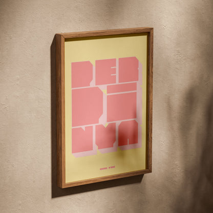 Perpignan poster, poster in an oak frame leaning on a textured wall