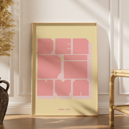 Perpignan poster, framed poster in an elegant interior, dried grasses and a rattan chair