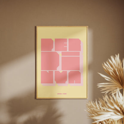 Perpignan poster, framed poster on a beige wall, pampas grass in the foreground