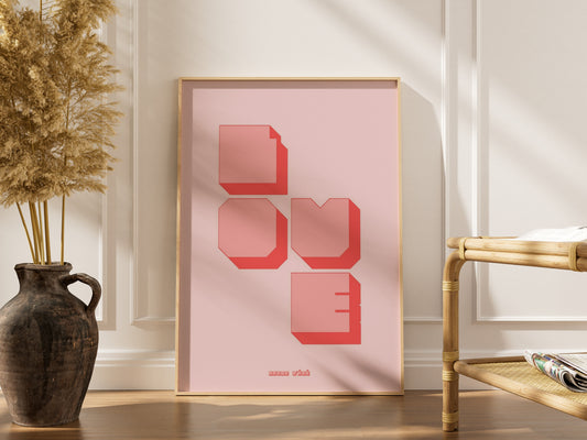 Affiche murale Love, affiche encadrée dans un intérieur élégant, cadre bois clair