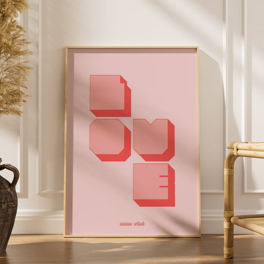 Affiche murale Love, affiche encadrée dans un intérieur élégant, herbes séchées et chaise en rotin