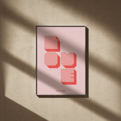 Affiche murale Love, affiche encadrée sur un mur beige, ombres de fenêtre