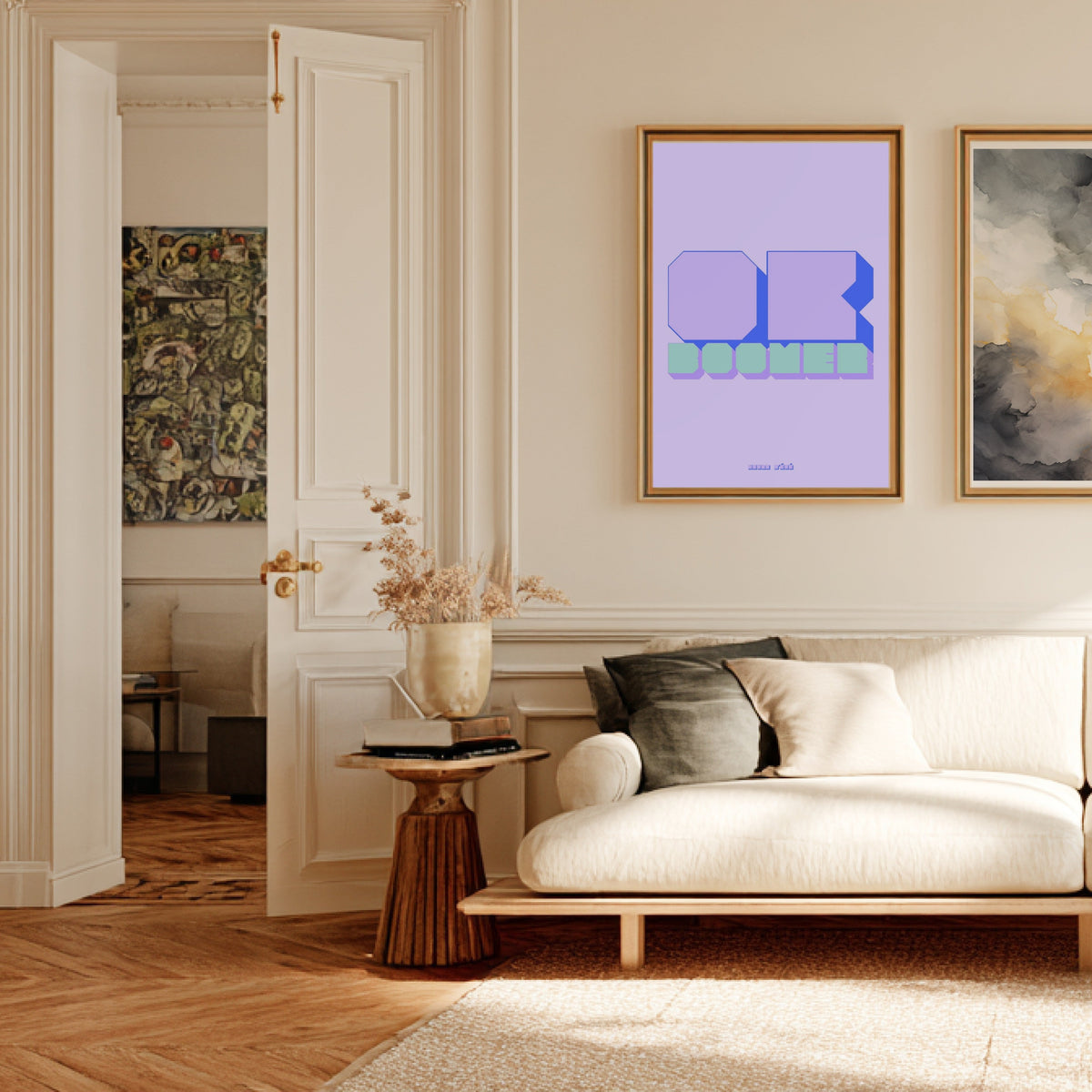 Affiche Ok Boomer, affiche encadrée dans un salon haussmannien