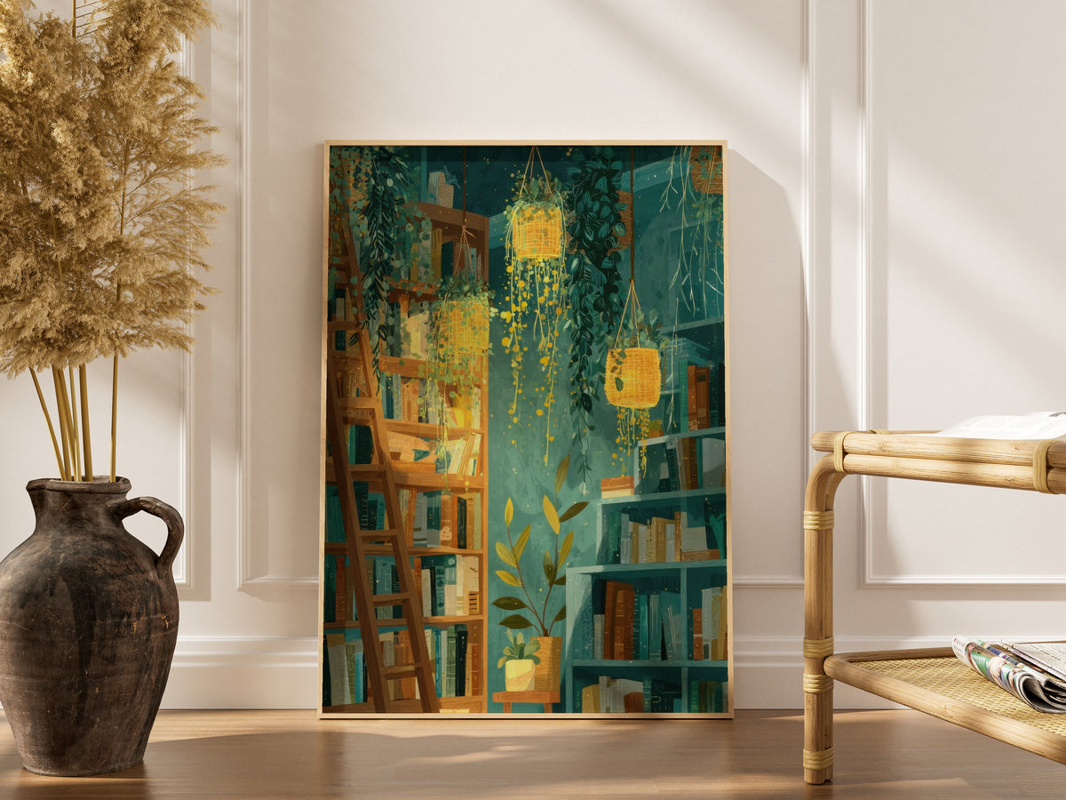 Décoration végétale | La bibliothèque - Poster Jardin, affiche encadrée dans un intérieur élégant, cadre bois clair
