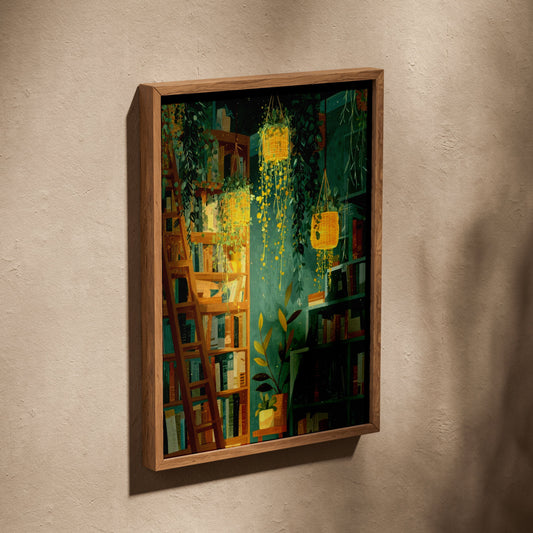 Décoration végétale | La bibliothèque - Poster Jardin, affiche dans un cadre en chêne posé de biais sur un mur texturé