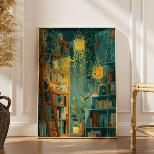 Décoration végétale | La bibliothèque - Poster Jardin, affiche encadrée dans un intérieur élégant, herbes séchées et chaise e