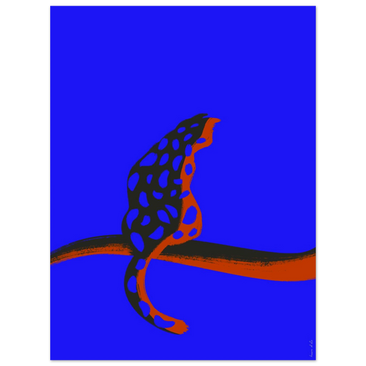  Illustration panthère minimaliste sur fond bleu électrique, art mural contemporain 30x40.