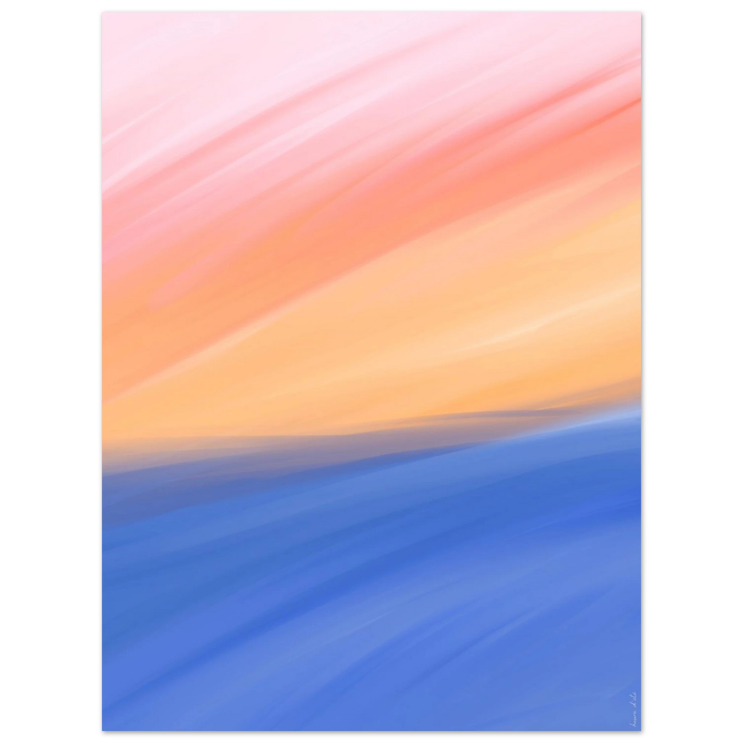 Illustration murale fine art en rose, orange et bleu, ambiance sereine.