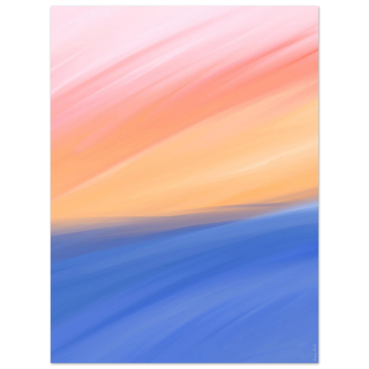 Illustration murale fine art en rose, orange et bleu, ambiance sereine.