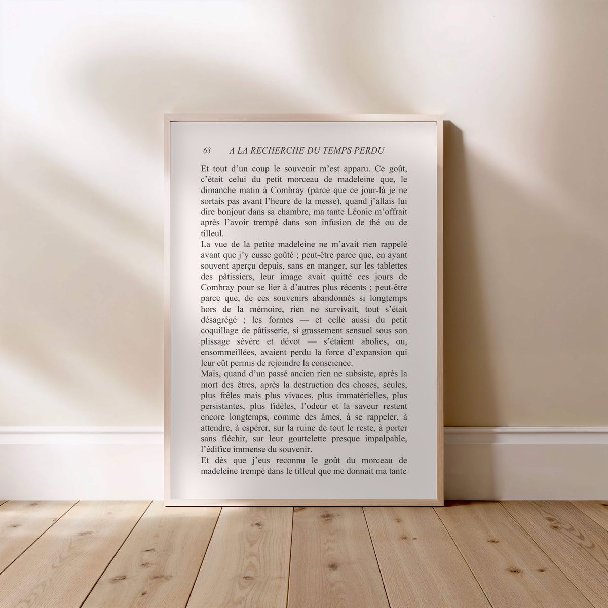À la recherche du temps perdu - Marcel Proust, affiche encadrée posée au sol, cadre bois clair