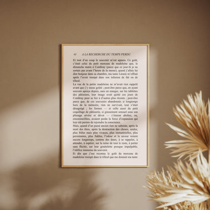 À la recherche du temps perdu - Marcel Proust, affiche encadrée sur un mur beige, pampas au premier plan