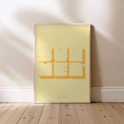 Retro Summer Poster, framed poster standing on the floor, light wood frame