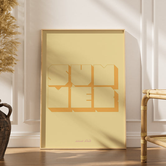 Affiche retro Summer, affiche encadrée dans un intérieur élégant, herbes séchées et chaise en rotin