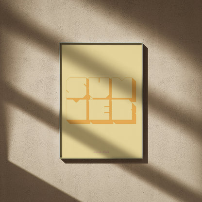 Retro Summer Poster, framed poster on a beige wall, window shadows