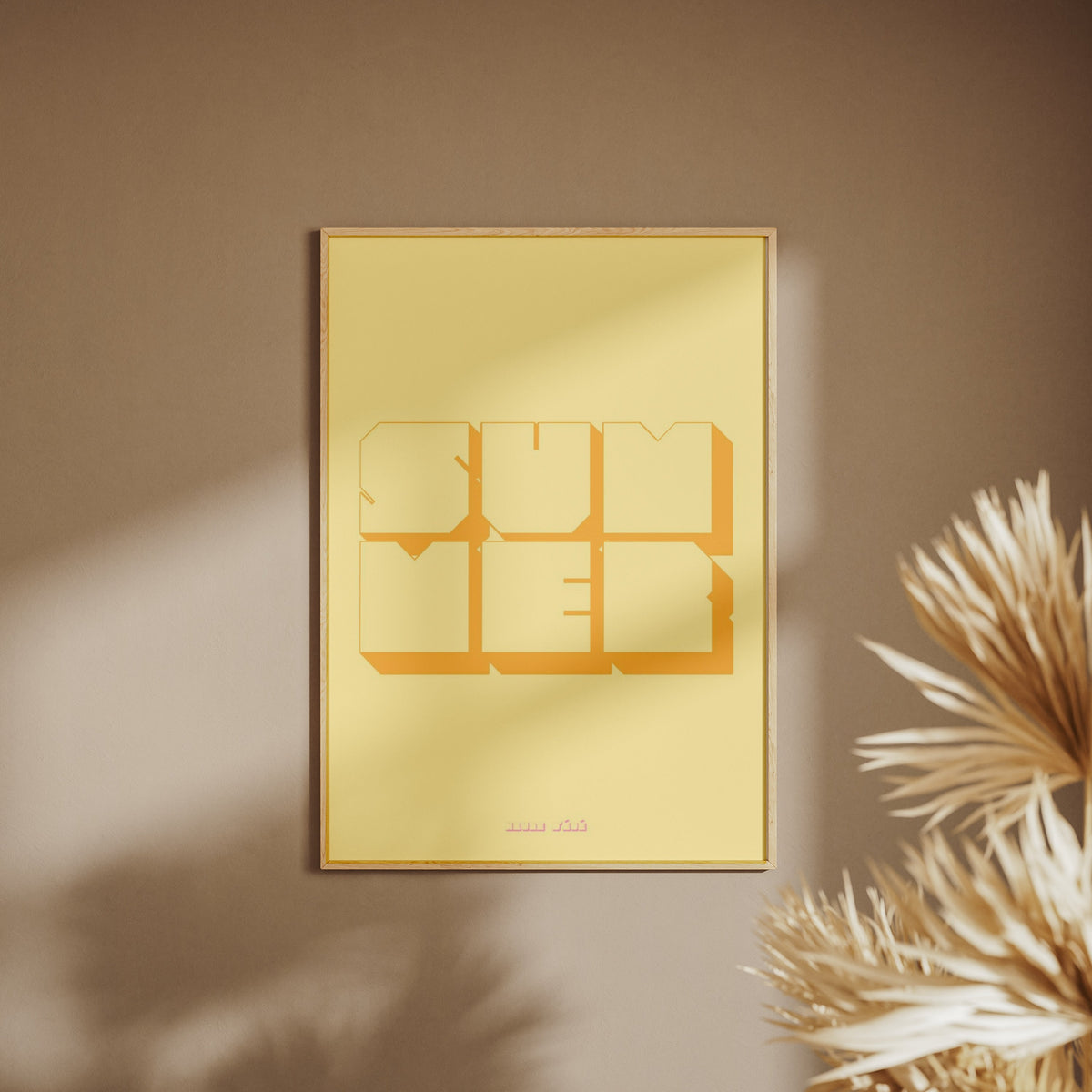 Retro Summer Poster, framed poster on a beige wall, pampas grass in the foreground