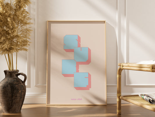 Affiche lettrage Surf, affiche encadrée dans un intérieur élégant, cadre bois clair